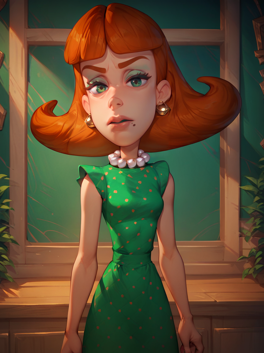 score_9, score_8_up, score_7_up, score_6_up, score_5_up,  <lora:judyneutronXLP:1> judy neutron, 1girl, green eyes, solo, orange hair, mole under mouth, green dress, apron, pearl necklace
