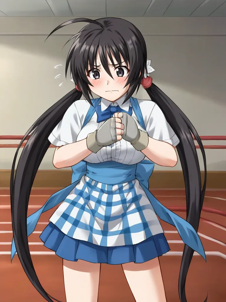 <lora:sakuhiyovgrebirthpony:0.7>
1girl, solo, sakuragihiyorivgrebirth, black hair, long hair, low twintails, ahoge, black eyes, waitress, indoors, fighting arena, grey gloves, fingerless gloves, standing, nervous, wavy mouth, fighting stance, cowboy shot