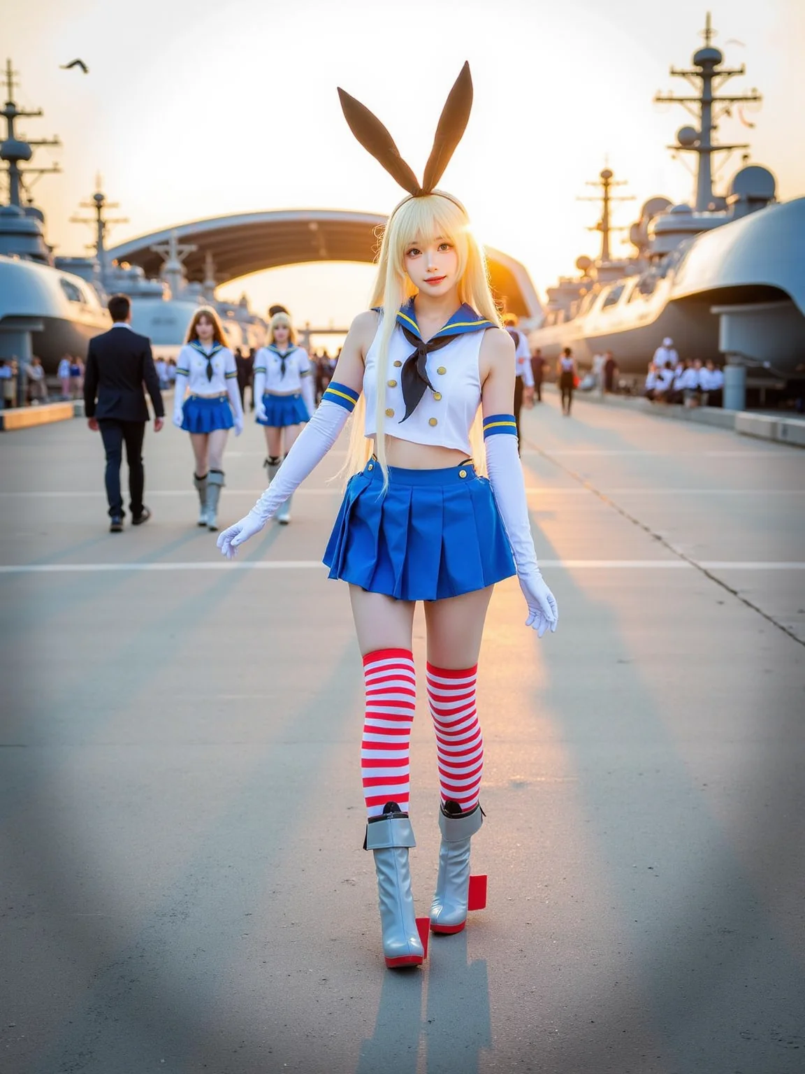 A realistic photo of a beautiful woman in cyb-shimakaze cosplay costume, include blue skirt and white shirt with blue collar and black neckrief. She is also wearing elbow gloves and white and red striped thighhighs and grey and red high heeled boots. She has long blonde hair with rabbit ears hairband. The background is a bustling naval base at the end of the day, with the sun setting on the horizon, casting a warm orange glow over the entire area. The base is filled with activity, with sailors in crisp uniforms walking briskly between buildings. Ships are docked at the piers, their flags fluttering in the gentle sea breeze. The air is filled with the sounds of seagulls and the distant hum of engines. In the background, a large hangar is open, revealing rows of neatly arranged aircraft, ready for takeoff.