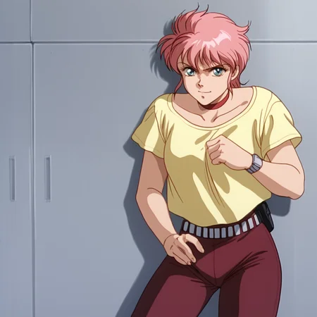 <lora:rainaguydoubleagent_pony_v1:.8>  RainaYellowShirt, 1girl, retro artstyle, pink hair, short hair, choker, yellow shirt,  wristwatch, dark red long pants, watch, 1990s (style), 1980s (style), cowboy shot