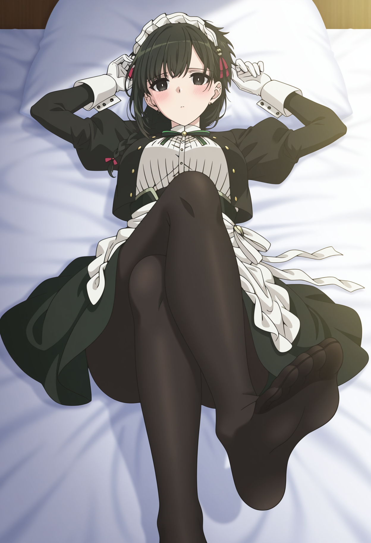 <lora:Yuki_illustrious-000028:1>,
YAMS_YK,solo,
braid,black eyes,black hair,short hair,
maid apron,white gloves,maid headdress,maid,
blush,cowboy_shot,indoor,bed,looking_at_viewer,lying,no shoes,arms up,hands out of frame,black pantyhose,crossed_legs