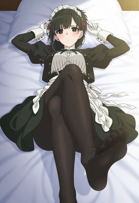 <lora:Yuki_illustrious-000028:1>,
YAMS_YK,solo,
braid,black eyes,black hair,short hair,
maid apron,white gloves,maid headdress,maid,
blush,cowboy_shot,indoor,bed,looking_at_viewer,lying,no shoes,arms up,hands out of frame,black pantyhose,crossed_legs