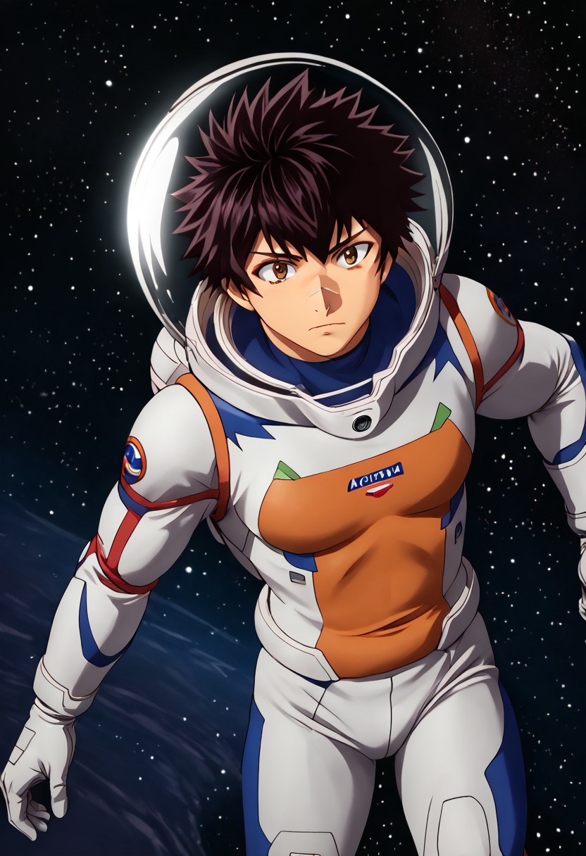 high resolution, solo, best quality, 1Boy, Kanata Hoshijima, Black hair, Brown Eyes, Space Suit, Space, Lost in Space, Astronaut,