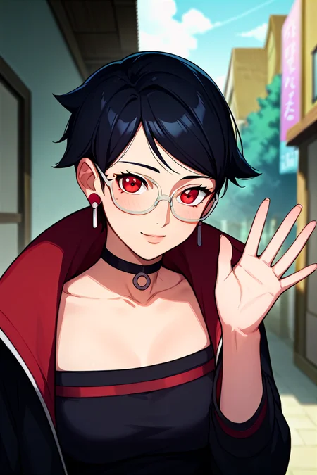 score_9, score_8_up, score_7_up, score_6_up, score_5_up, score_4_up, rating_questionable, , source_anime, digital illustration, pixiv, fanbox, uncensored, , BREAK, official art,
1girl, solo, mature female, sarada, black hair, red eyes, short hair, swept bangs, choker, glasses, earrings,
black jacket, black dress, off shoulder, upper body, blush, waving,, outdoors, cowboy shot, looking at viewer, colorful, vivid <lora:Sarada_Timeskip_Pony-10:0.9>