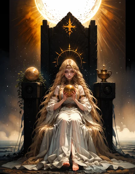 score_9, score_8_up, score_7_up, score_6_up, score_5_up, score_4_up,  1boy, full body, miquella, blonde hair, holding a huge golden sphere, crown braid, multiple braids, yellow eyes, white robe, gold armlet, circlet, cute smile, sitting on a black throne, black stone, black throne, sunlight, wind, flying wheat, water sparkles
