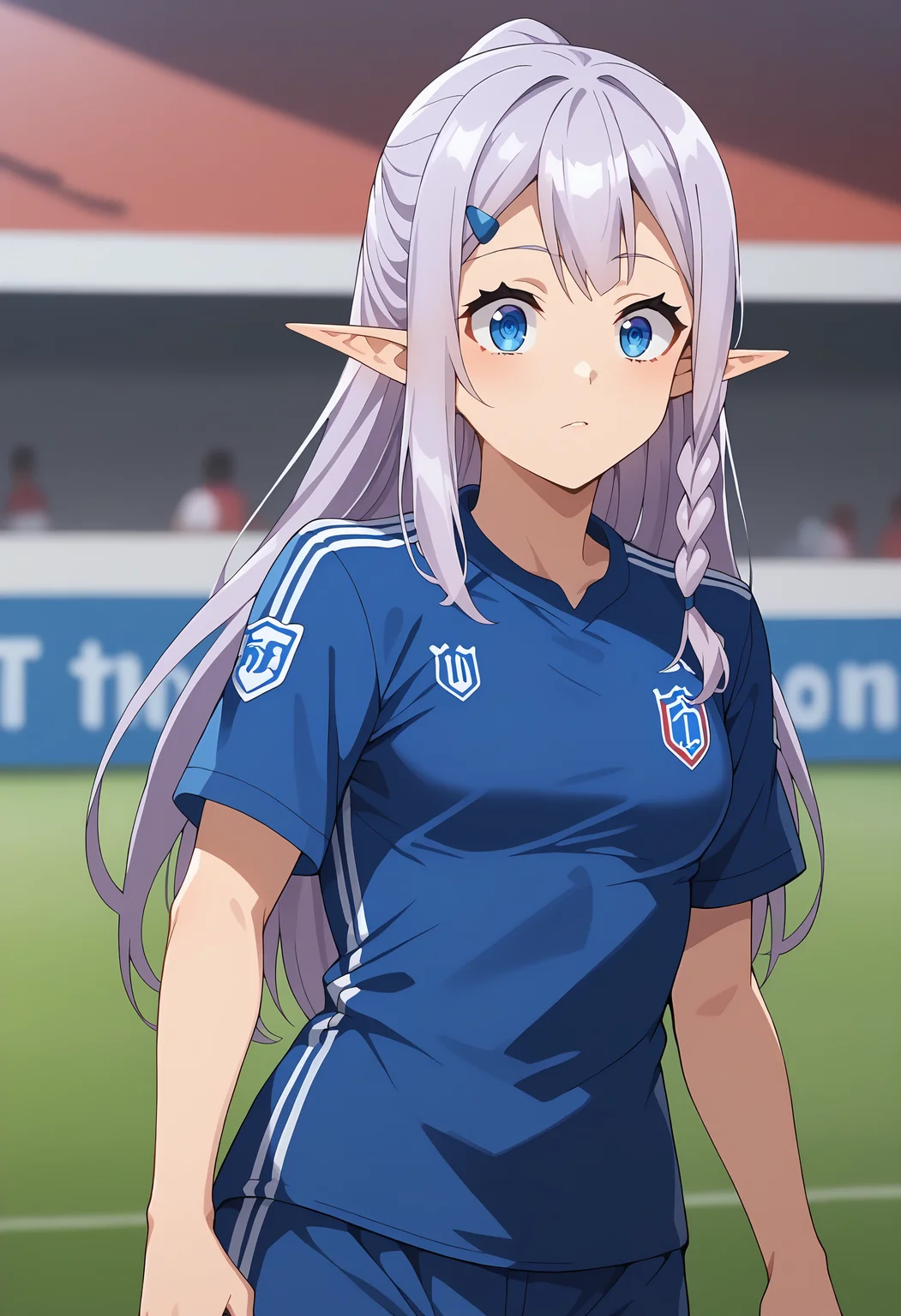 score 7 up, solo, 1girl, , <lora:IsekaiNonbiriNouka_RiaXL:1> RiaINN , light purple hair, long hair, side braid, blue eyes, pointy ears, hairclip, , <lora:soccer uniform_pony_V1.1:1> soccer uniform, soccer,,
