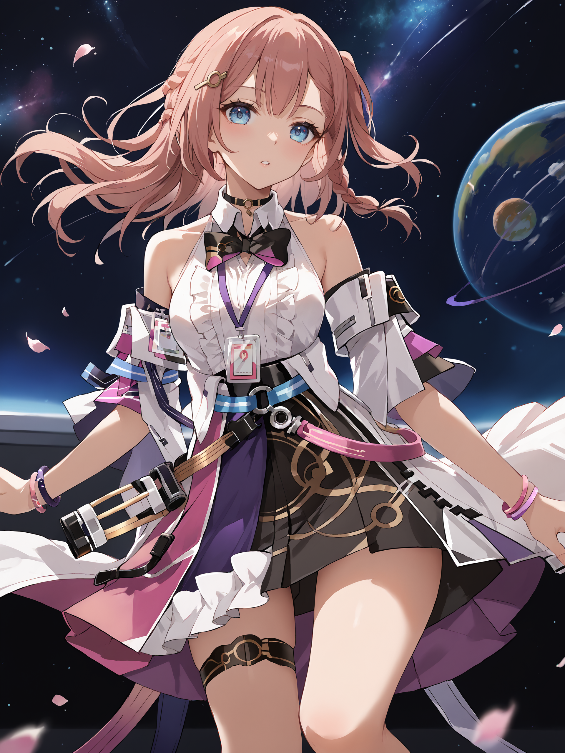 score_9, score_8_up, score_7_up, source_anime, 1girl, asta \(honkai: star rail\), detached sleeves, sleeveless shirt, id card, high-waist skirt, overskirt, thigh strap, bracelet, hairpin, belt, bowtie, choker, looking at viewer, parted lips, adjusting hair, petals, floating hair, cowboy shot, depth of field, space, nebula, starry sky, earth \(planet\)  <lora:Char-HonkaiSR-Asta-Pony-V1:1>