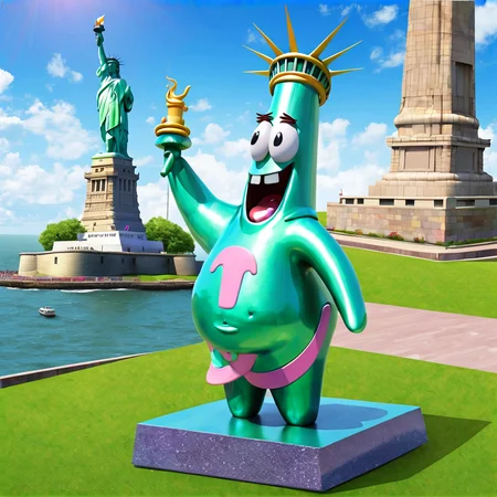 ukj character, entertaining scene, statue of liberty, best quality fanart, creative <lora:PATRICK_sdxl_ukj_E5:1>