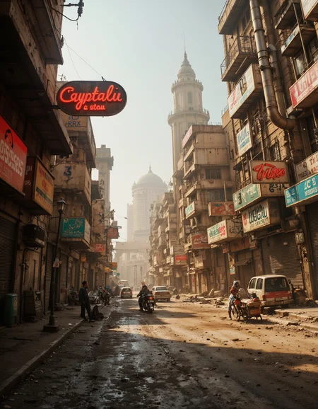 cyberpunk egyptian mix.  A street view of a egyptian street set in the near future with cyberpunk elements.  Hot, sunny, arid, dusty, but there are neon signs, pipes and advertisements,  detailed and cinematic,  <lora:Phlux:0.5> <lora:CinematicStyleFlux_v1:1>