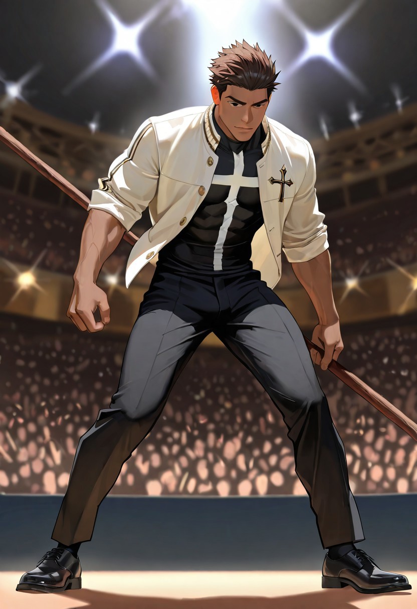 very awa, masterpiece, best quality, absurdres, newest, perfect quality, intricate details, realistic,
solo, male focus,
brown hair, ((slicked back hair)), (spiky hair),
brown skin, toned body, lithe body, wide shoulders, 
black eyes, 
(black undershirt with solid white cross print), (huge white cross print),
(plain white polo jacket), (rolled up sleeves), open jacket,
black trousers, black dress shoes,
wooden bo staff, brown staff
arena background, audience, 
dynamic lighting, dynamic angles, full body portrait, dynamic pose