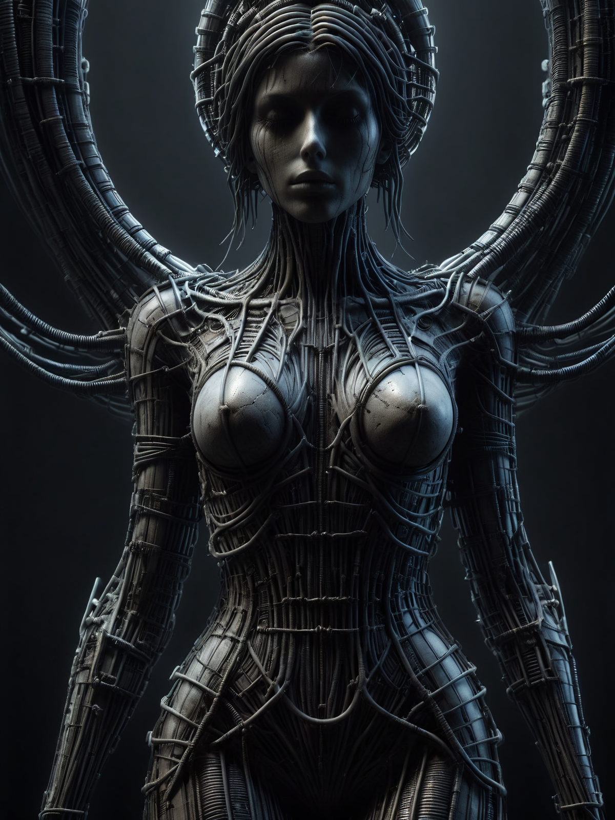 statue of a woman made of mad-rnfcnct , in the style of hr giger  <lora:Derilict_Concret_SDXL:1.0> <lora:Neon_Cyberpunk_SDXL:0.8>  cablelink <lora:great_lighting:0.5> great lighting <lora:aesthetic:1> aesthetic, (masterpiece:1.2), best quality, (hyperdetailed, highest detailed:1.2), high resolution textures