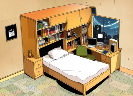 celluloid, best quality, masterpiece, comic flat illustration, art by Parnwell, E. C, no humans, digital color, highres, creative, hyper detailed,
simple english bed room