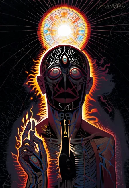 score_9, score_8_up, score_7_up, alexgrey, solo, anatomical, lattice, veins, high contrast, portrait of a bald human without face, million eyes, eye on fingers, inferno of burning sun, medieval painting, horror, no eyes in face, eyeless face, silhouette, light on body, bright human, bright fractal psychadelic eyes in background, facepaint mask,