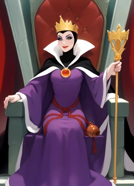 grimhilde, cape, cloak, crown, dress,  makeup,  robe,
throne room, sitting on throne, wicked smile, holding golden scepter, solo,
BREAK
score_9,score_8_up,score_7_up,source_cartoon,
<lora:evil_queen_grimhilde-000045:1>