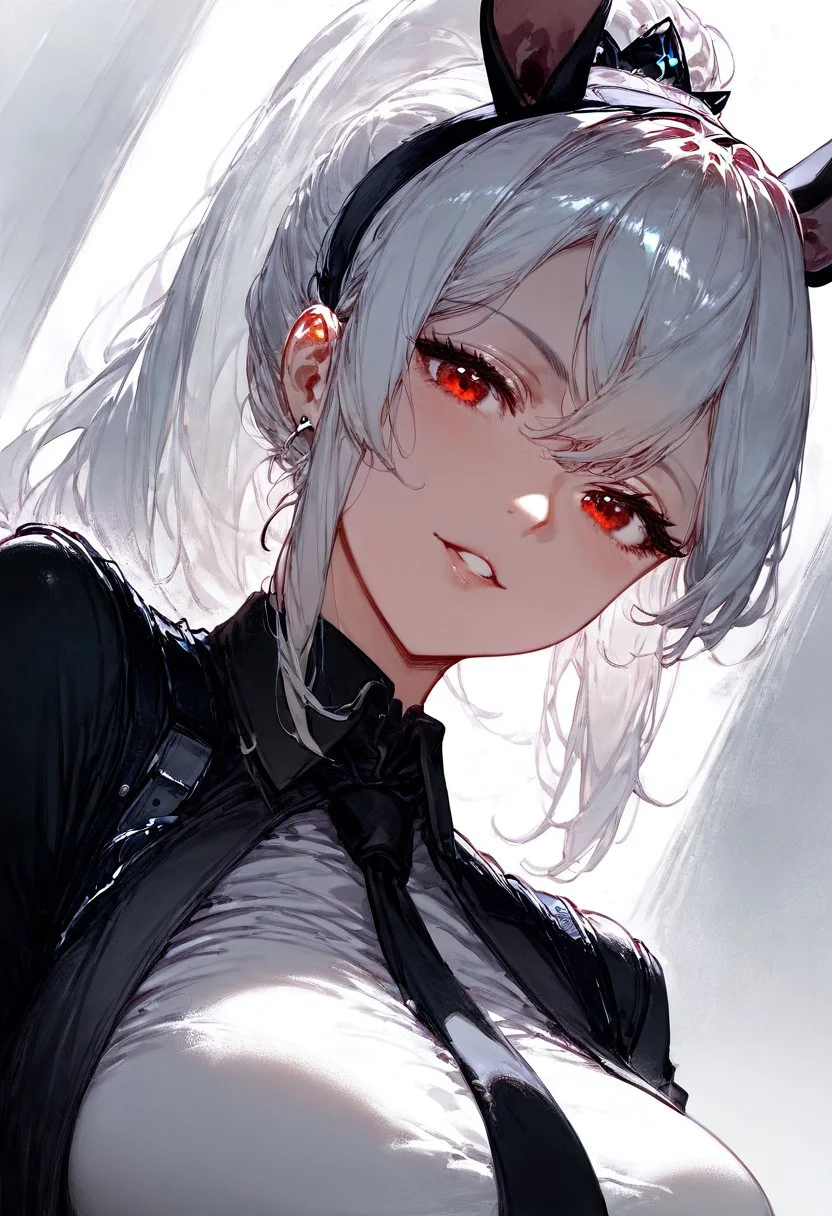 incredibly detailed:1.4, 4k, hires textures, high detail:1.2, best quality, ultra-detailed, masterpiece, best quality, score_9, score_8_up, score_7_up, score_6_up, perfecteyes, shiny skin, shiny, 1girl, red eyes, ponytail, white hair, white rabbit ears, black long vest, black necktie, monochrome, black pants, yjwjstyle,