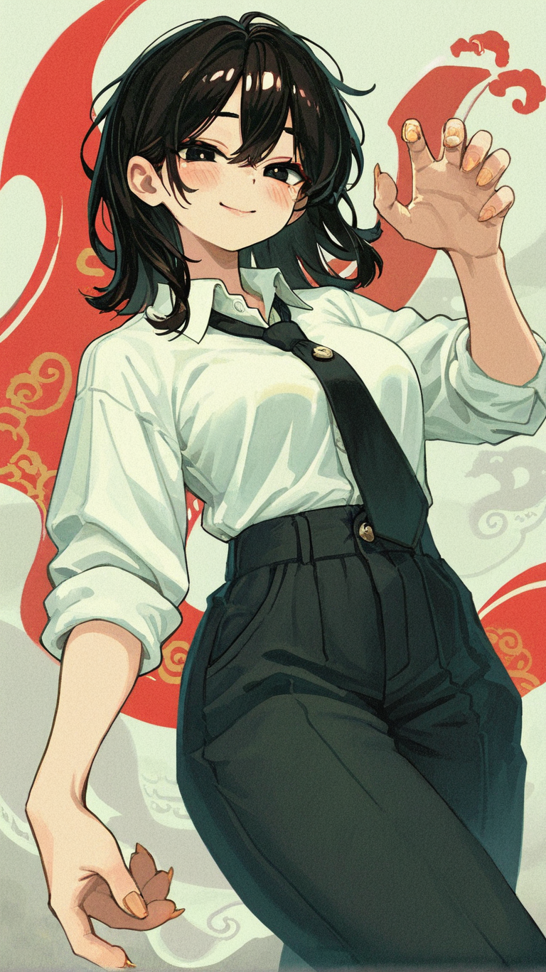 1girl, solo, breasts, looking_at_viewer, blush, smile, shirt, black_hair, hair_between_eyes, white_shirt, necktie, collared_shirt, pants, medium_hair, fingernails, claws, sleeves_rolled_up, shirt_tucked_in, white_eyes