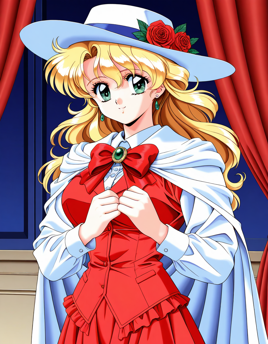 general,highres, ultra-detailed,very aesthetic,best quality ,best hands,  BREAK <lora:Itou_Kaori_IS:1>Itou_Kaori, blonde hair, long hair, large breasts, earrings, green eyes, BREAK,
1girl, hat, solo, flower, hat flower, game cg style, bow, rose, cape, looking at viewer, smile, skirt, brooch, ribbon, long sleeves, frills, red skirt, curtains, shirt, red bow, 1990s (style), bowtie, dress,