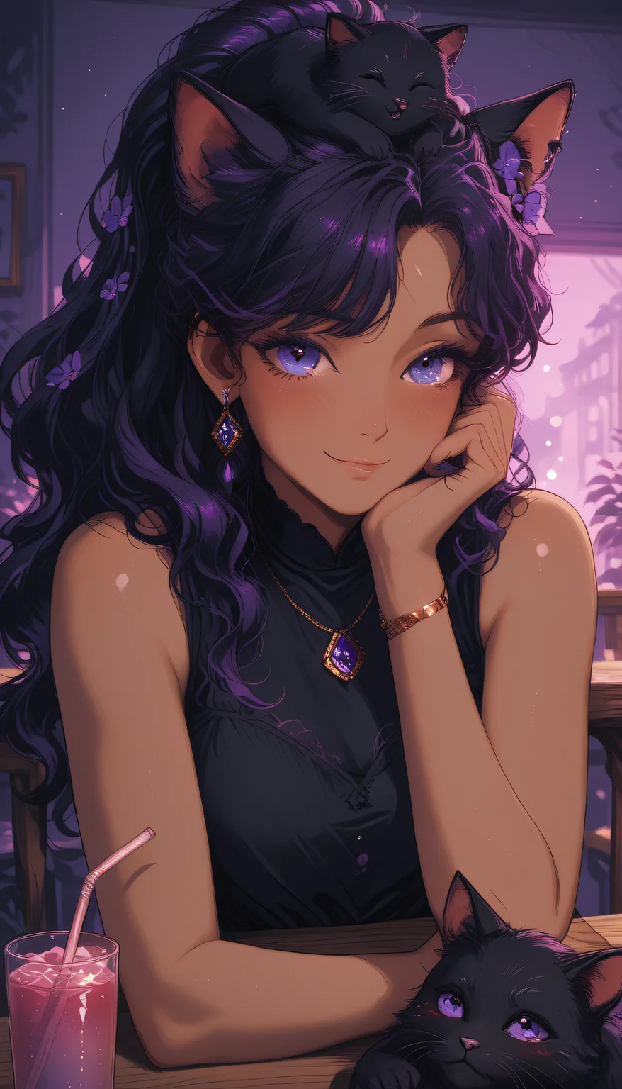 masterpiece,
perfect eyes, vivid colors, vibrant colors,
pinkretroanime, retro art, (lineless:1.5), smooth edges,
, The image depicts a stylized 3D anime-inspired character, specifically a female with dark hair adorned with cat ears and purple highlights. Her eyes are closed in a moment of tranquility or daydreaming, and she is wearing a headband with a floral design. She has a relaxed posture with one hand resting on her chin and the other on the table. The character is seated at a round dining table set against a backdrop that suggests a cozy indoor setting with purple lighting giving off a soft glow. The background features a blurred silhouette of what appears to be an urban nightscape, possibly suggesting a city skyline or street view during dusk. The color palette is dominated by cool tones, creating an atmosphere of serenity and calmness. The character's outfit consists of a casual style with a hint of sophistication, indicated by the subtle sheen on her hair and skin. The image has a dreamy quality, with a focus on the character that contrasts with the blurred background, which adds depth and draws attention to the central figure. The lighting effect in the foreground highlights the character's face and features, while the background remains softly lit, contributing to the overall ethereal feel of the scene., 1girl, solo, long hair, looking at viewer, blush, smile, bangs, blue eyes, shirt, black hair, hair ornament, dress, bare shoulders, jewelry, sitting, closed mouth, purple eyes, upper body, ponytail, purple hair, flower, earrings, sleeveless, indoors, hand up, hair flower, dark skin, necklace, hair bun, nail polish, mole, blurry, black dress, bracelet, dark-skinned female, cup, sketch, lips, parted bangs, looking to the side, bare arms, black shirt, sleeveless shirt, night, depth of field, blurry background, glowing, animal, leaf, wavy hair, table, cat, plant, black nails, hand on own face, drinking glass, purple background, head rest, drinking straw, drink, purple flower, hand on own cheek, drinking, on head, glass, potted plant, hand on own chin, animal on head, black cat, purple theme, elbow rest, cafe, bendy straw, cat on head