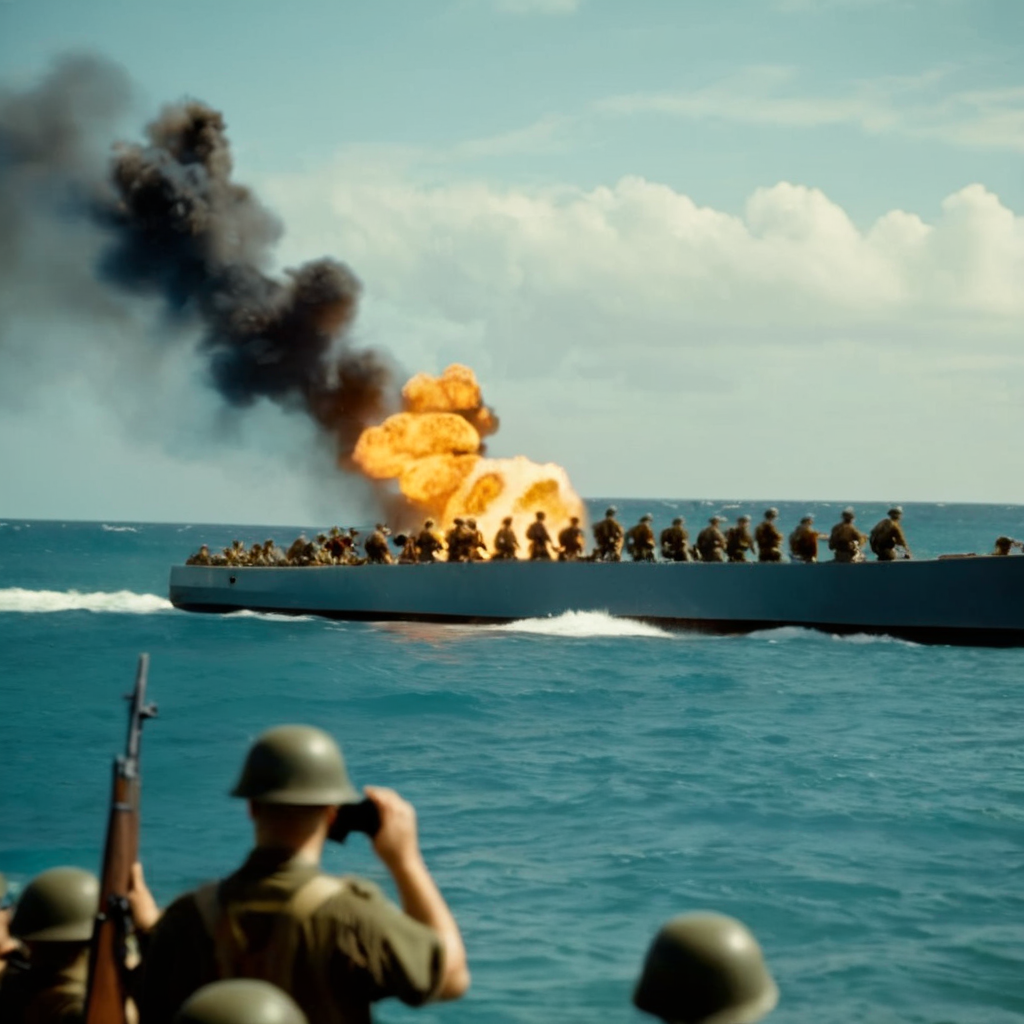cinematic film still of professional 3d model of (Cinematic Film stock footage style) in (Arri Alexa style) (KODAK "135-36 T-MAX 400" 35MM FILM), Polarizing Filters, low contrast color, sharp image high quality, (low key light)
<lora:cinematic ww2 style:1.5> cinematic ww2 style
a large group of ww2 solider in the water near a boat taking cover from big explosions near pearl harbor cinematic ww2 style, shallow depth of field, vignette, highly detailed, high budget, bokeh, cinemascope, moody, epic, gorgeous, film grain, grainy