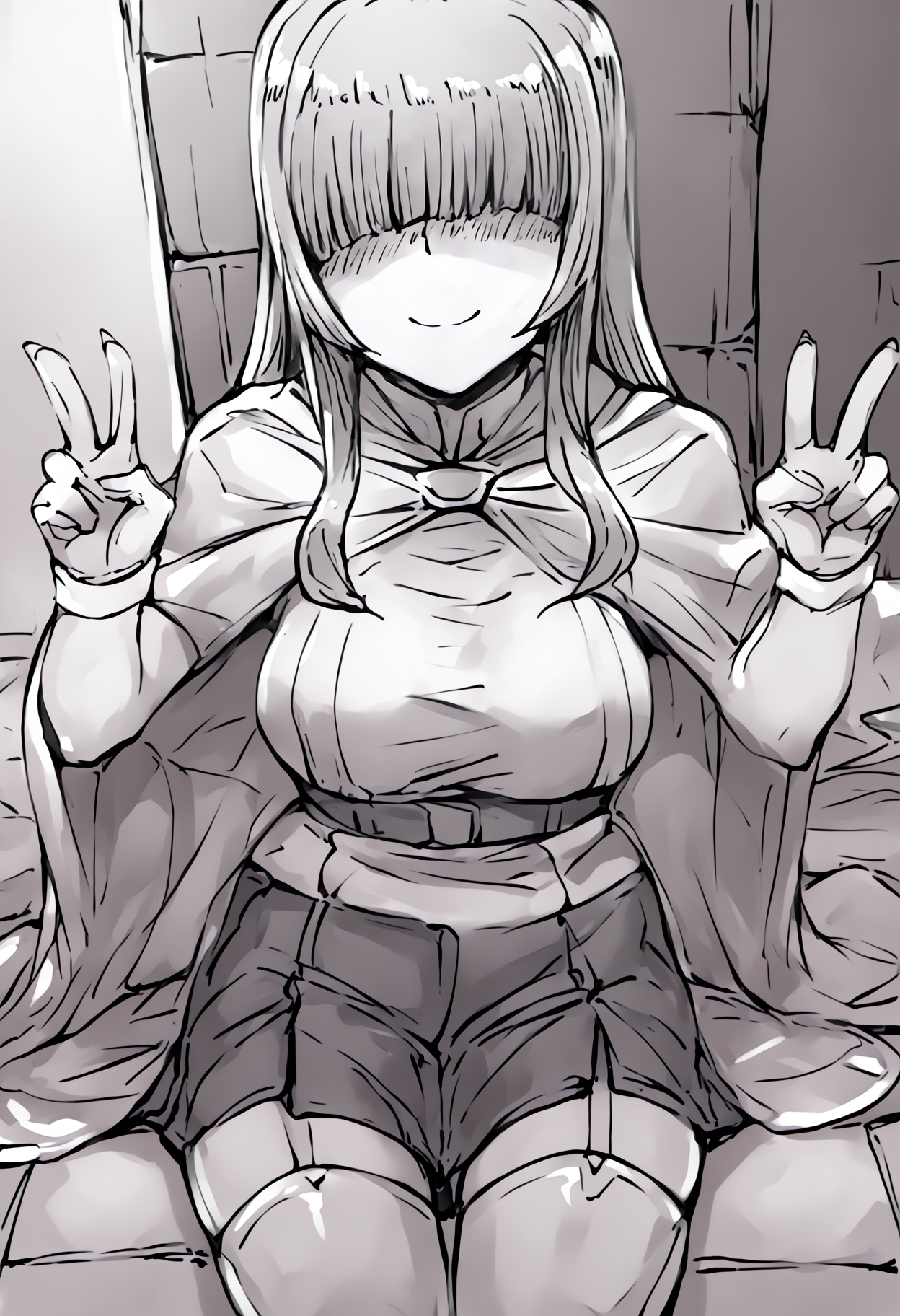 score_9, score_8_up, score_7_up, score_6_up, score_5_up, score_4_up, source_anime, uncensored, zPDXLxxx, <lora:intricate_details:0.5> intricate_details_xl  <lora:Kirome-Style-PonyXL-Dora:1>
<lora:Momo_MCFIEC_v1.0:1> Momo, 1girl, solo, long hair, hair over eyes, monochrome, greyscale, hands on floor, looking at viewer, blunt bangs, hime cut, knee boots, medium breasts, covered eyes, collarbone, long bangs, facing viewer, dress, cape, capelet, smile, blush, closed mouth, (v, double v:1.1),