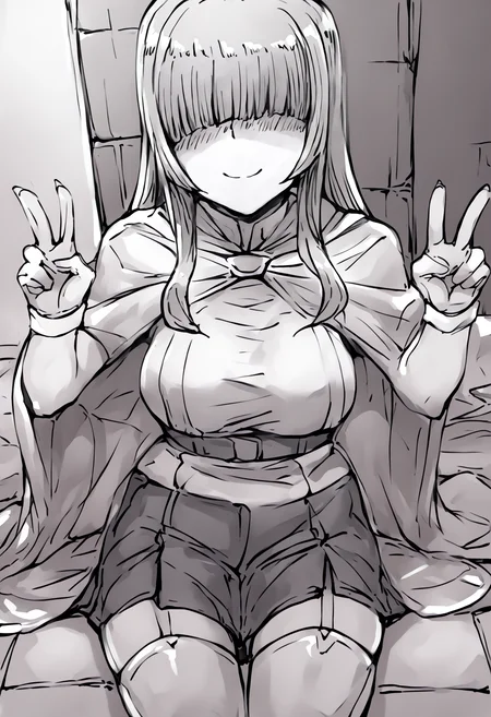 score_9, score_8_up, score_7_up, score_6_up, score_5_up, score_4_up, source_anime, uncensored, zPDXLxxx, <lora:intricate_details:0.5> intricate_details_xl <lora:Kirome-Style-PonyXL-Dora:1>
<lora:Momo_MCFIEC_v1.0:1> Momo, 1girl, solo, long hair, hair over eyes, monochrome, greyscale, hands on floor, looking at viewer, blunt bangs, hime cut, knee boots, medium breasts, covered eyes, collarbone, long bangs, facing viewer, dress, cape, capelet, smile, blush, closed mouth, (v, double v:1.1),