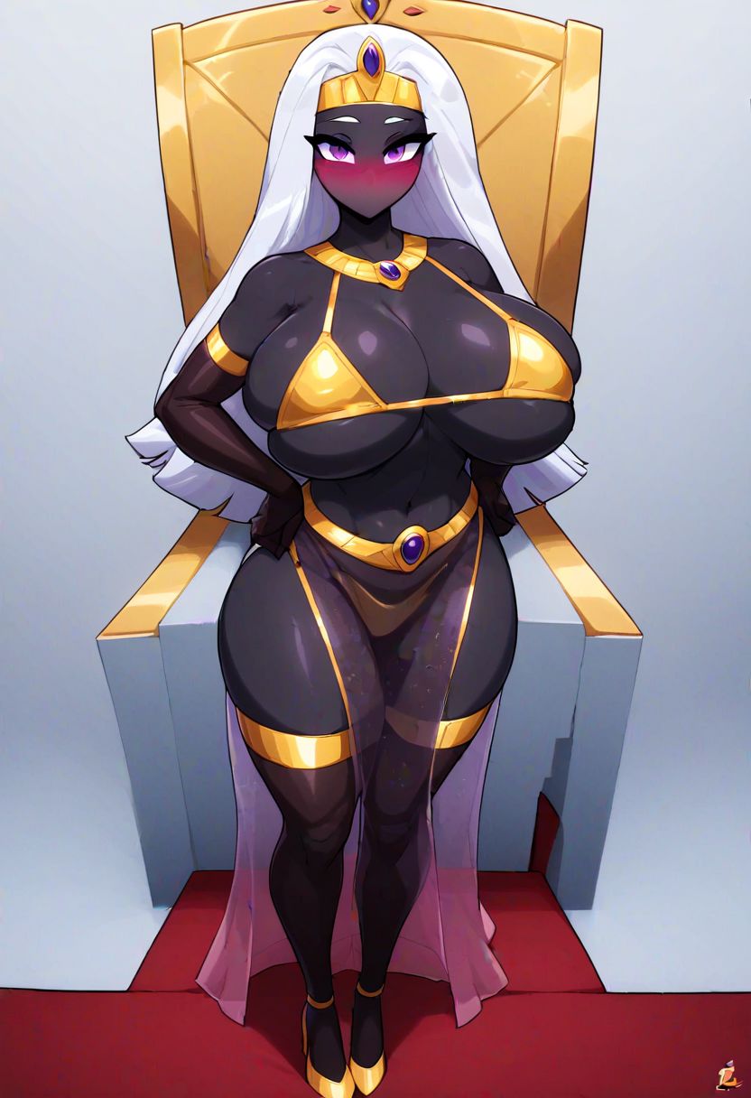 ng_deepnegative_v1_75t, masterpiece, best quality, solo, (gold bikini), (long gloves), (boob window), (thighhighs), huge breasts, beautiful eyes, perfect eyes, colored skin, black skin, white hair, purple eyes, blushing, sexy, cute, looking at viewer, heels, see through skirt, hands on hips, (throne room), no mouth, (standing straitght)