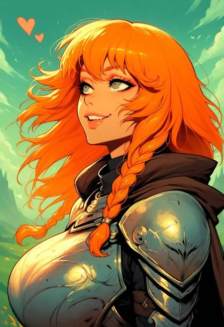 score_9, score_8_up, score_7_up, score_6_up, aesthetic, 1girl, solo, scenery, colourful, fantasy landscape, 1ly4, c0l0urfulsc3n3, g4n1m3, orange hair, perfecteyes, perfect face, perfect hands, pointy hears, braided hair, 20 years old, cloak, breastplate, armor dress, (huge breasts), hearts, half body, from side, standing, thick comic lines, g0thicPXL, smug, Expresiveh