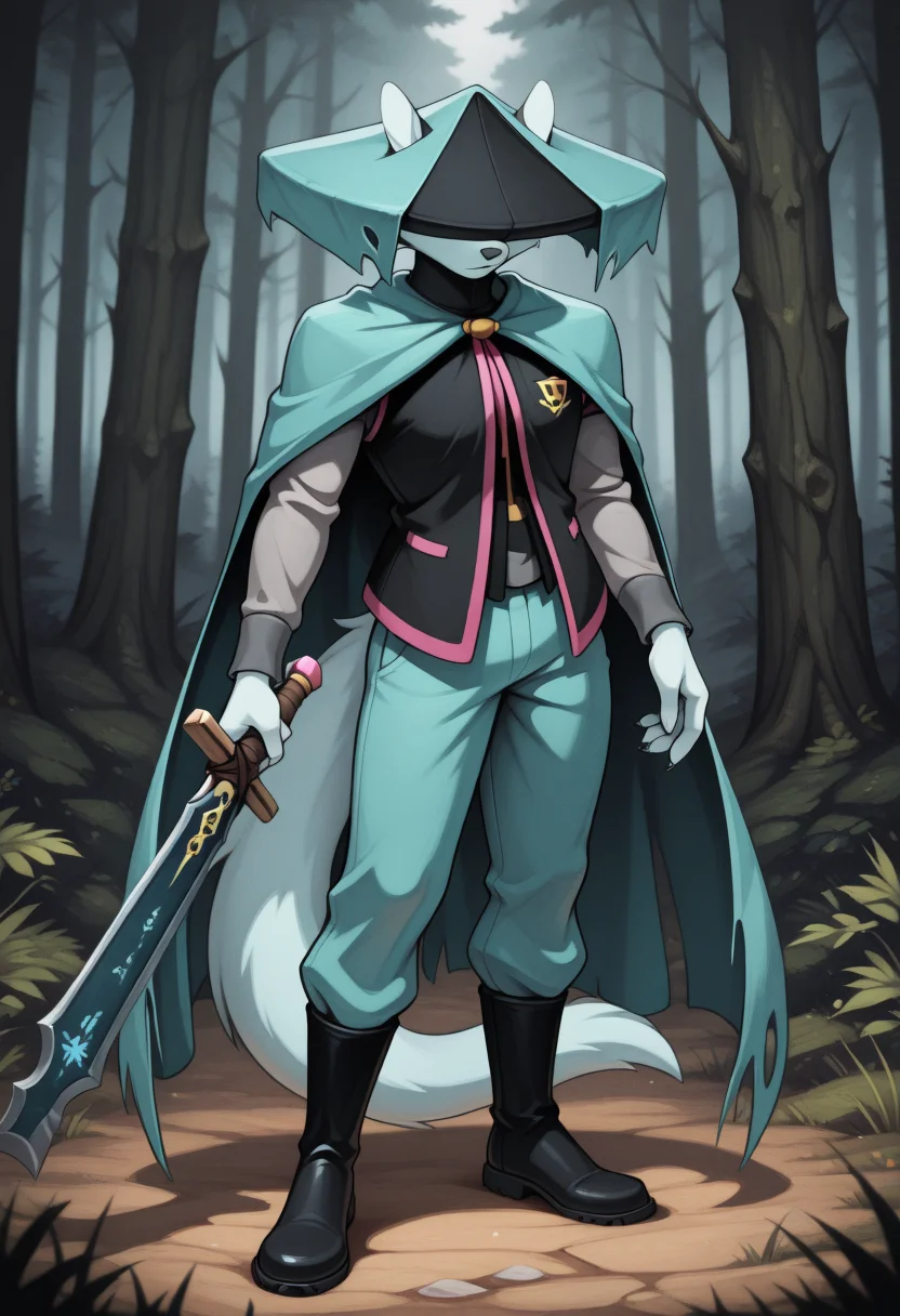 masterpiece, best quality, amazing quality, (du57aet, anthro, tail), ((male focus, 1boy, solo)), male, , hat over eyes, hat, cape, vest, pants, boots, sword, forest background<lora:Illustrious\dust-illuv2.safetensors:1.0000000000000002:1.0000000000000002>