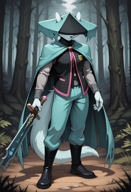 masterpiece, best quality, amazing quality, (du57aet, anthro, tail), ((male focus, 1boy, solo)), male, , hat over eyes, hat, cape, vest, pants, boots, sword, forest background<lora:Illustrious\dust-illuv2.safetensors:1.0000000000000002:1.0000000000000002>