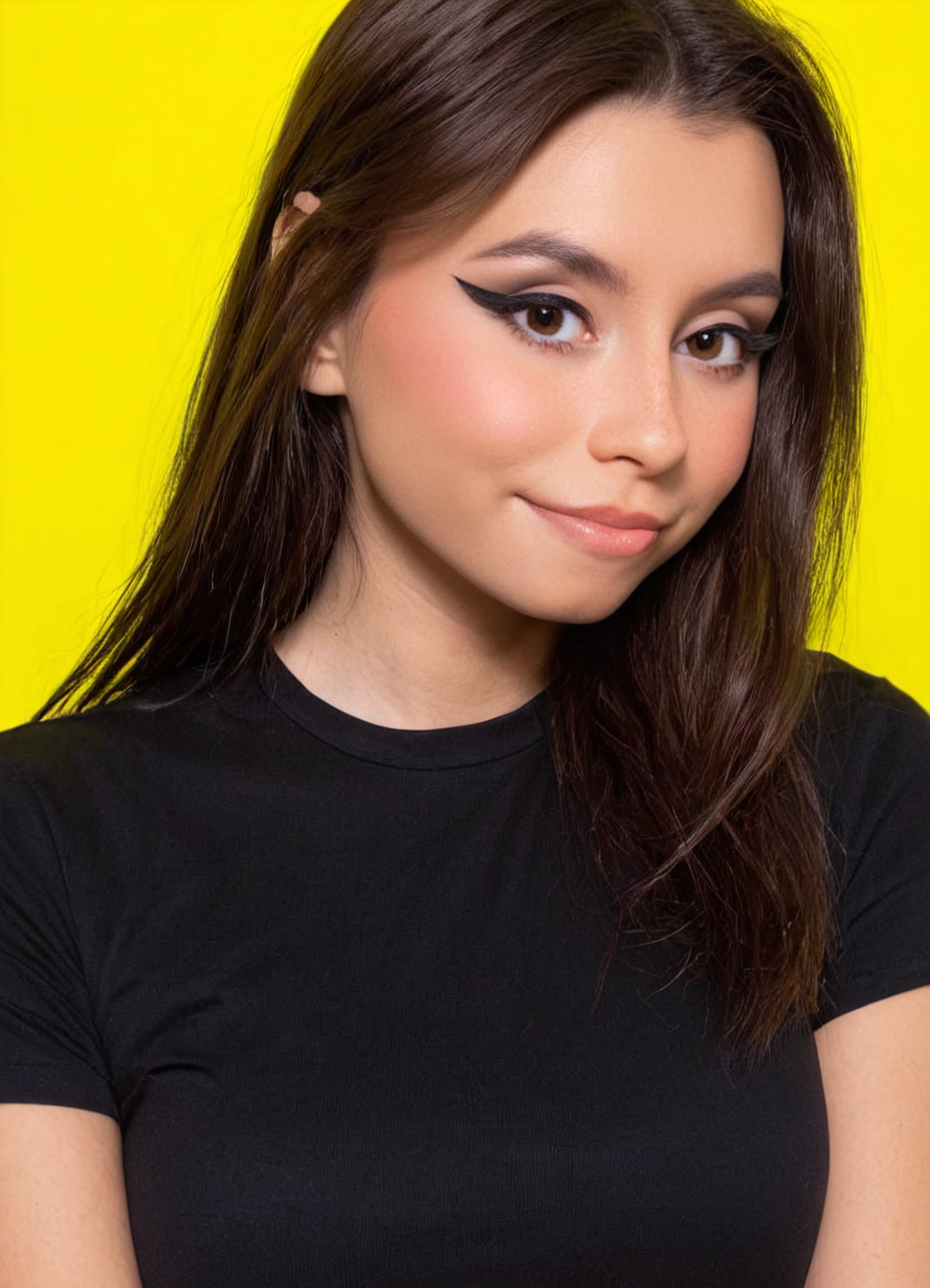 1girl, solo, smile, eyeliner makeup, long hair down, full torso portrait, solid neon yellow background, wearing a black tshirt, glossy skin, cinematic lighting <lora:neoncolors2_lora_f16:0.6000000000000001> <lora:mentaldora_v2:1.0000000000000002>