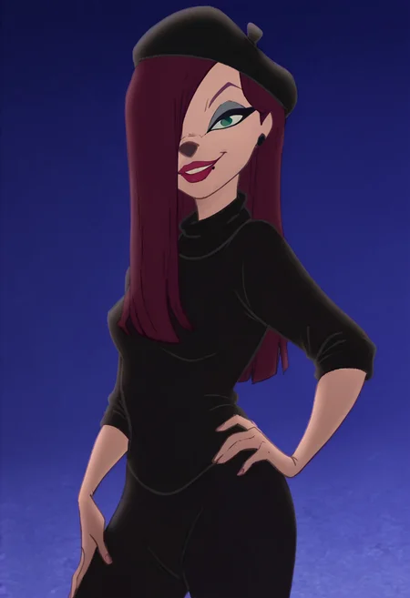 <lora:BeretGirlpony1.0:1>beretgirl, 1girl, long hair, beret, solo, purple hair, makeup, lipstick, black shirt, black pants, standing, green eyes, looking at viewer, score_9, score_8_up, score_7_up, score_6_up, score_5_up, score_4_up, looking at viewer, hand on own hip, cowboy shot,smile, hair over one eye, blue background,