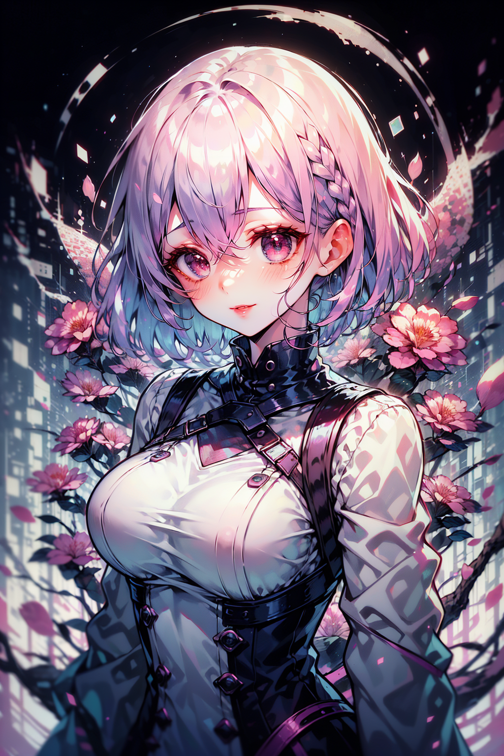 <lora:binarycode:0.7>,binary code and digital art,<lora:Cosmic anime-oil fusion v2:0.3>,, (masterpiece:1.2),(best quality:1.2),intricate details,newest,ai-generated,perfect anatomy,
beautiful girl,(1girl:1.3),cosmic,Idyllic vineyard with rows of grapevines and a sunset backdrop,
edgQuality,<lora:GoodHands-beta2:1>,nice hands,perfect hands,, White gradient hair, Blonde and mint green ombre,Schoolgirl: Pleated plaid skirt, white blouse, knee-high socks, and Mary Janes.,
1girl,edgQuality,lr,8k,Best Quality,Masterpiece,Extremely Detailed,Ray Tracing,Reflected Light,
(delicate eyes:1.2),beautiful detailed eyes,cold attitude,eyeshadow,eyeliner,Iridescent eyes,(Beautiful face:1.1),(Naughty face:1.1),light_blush,blush,Long eyelashes,Thick eyelashes,Glowing skin and mature contours,(Seductive smile:1.1 ),(Big breasts:0.8),Big breasts,(Red lips:1.1),Milky white skin,
<lora:GoodHands-beta2>,beautiful hands,perfect hands,bursting_breasts,
<Lola:hyperdetailer_v095>,, White ombre hair, white to light purple ombre wig, (white to light purple ombre wig) purple ombre hair: 1.5), (ombre hair: 1.5), long hair, ombre hair, balayage, (white hair on top of the head :1.1),
,(white:2 | pink hair:1.1),balayage
