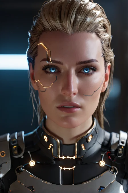 <lora:Meredith_Stout_from_Cyberpunk_2077_101:0.7> meredith101cyberpunk cinematic photo looking at viewer as a cyborg knight wires and electric components circuit bored , expression, , finely detailed eyes, epic scene, epic composition, Photography, Cinematic Lighting, Volumetric Lighting, ethereal light, intricate details, extremely detailed volumetric rays 35mm photograph, film, bokeh, professional, 4k, highly detailed