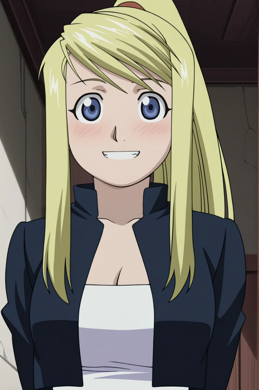 masterpiece, best quality, absurdres, highres, very aesthetic, very awa, BREAK, anime coloring, anime screencap,
<lora:winry_rockbell_v1-illustrious:1>, 1girl, winry rockbell, fullmetal alchemist, blue eyes, blonde hair, ponytail,
winout, cropped jacket,
BREAK, looking at viewer, upper body, grin, blush,
BREAK,