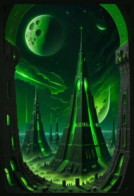 ((masterpiece, best quality)), high resolution, highly detailed, 32k picture,
scifi, necron, outdoors, sky, cloud, no humans, night, moon, building, star (sky), night sky, city, cityscape, ruins, crescent moon