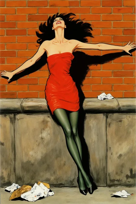 regr1 sketch.
A woman leaning against a brick wall, set in an urban environment. She has long black hair flowing loosely and wears a short, strapless red dress that clings to her figure, emphasizing a sense of motion and sensuality. Her pose is dramatic, with her arms stretched against the wall and her head tilted slightly back, exuding a sense of vulnerability and allure. She is wearing black high-heeled shoes, and the ground below features scattered papers and debris, adding a gritty urban atmosphere. The brick wall and stone base provide a textured backdrop with warm tones, contrasting with the bold red of her dress.
<lora:regr2_fashion_nocap_d6a3:1.0><lora:807673311875297848:0>