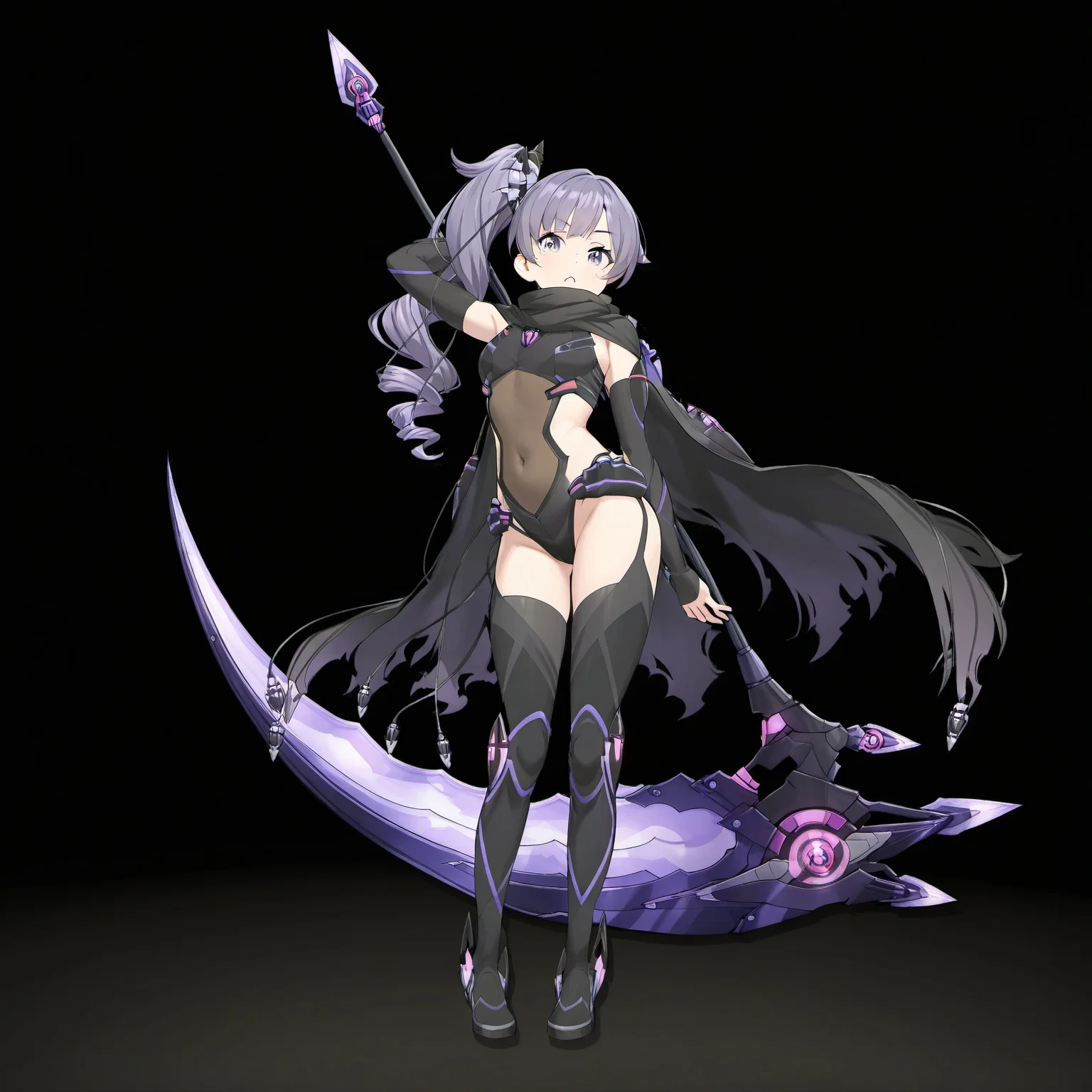 masterpiece, best quality, <lora:takase_rio_character_ill_v1:1> charactertakaserio, 1girl, solo, long hair, looking at viewer, simple background, thighhighs, holding, standing, purple eyes, full body, purple hair, weapon, boots, black thighhighs, black footwear, holding weapon, cape, leotard, side ponytail, torn clothes, covered navel, thigh boots, drill hair, black background, black leotard, black cape, scythe, holding scythe, torn cape