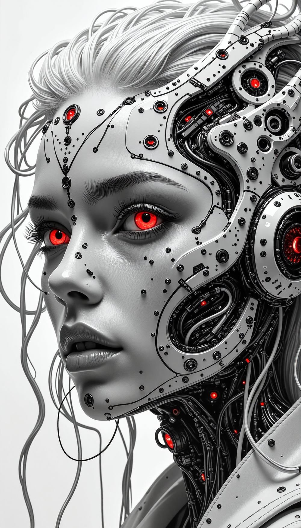 A hyperdetailed, hyperrealistic, moody photorealistic portrait in the style of analog photography, rendered as a surreal monochrome line artwork composed entirely of unbroken, bold, flowing thick lines. The image depicts a close-up of an ethereal African woman with albinism, her luminous pale skin, white flowing hair, and striking red-violet eyes fully visible, seamlessly integrated into the intricate linework. Her busty figure and dynamic hair are accentuated by hypnotic line patterns. Surrounding her are cyborg figures, their faces unmasked, revealing sleek cybernetic implants and glowing circuitry woven into their skin. The lines form an optical illusion, creating cinematic depth in stark black and white, drawing the viewer into a mesmerizing 16K composition. <lora:Elden_Ring_-_Yoshitaka_Amano:0.07> <lora:Movie_Portrait:0.08> <lora:-_Flux1_-_soothing_atmo_V2.0:0.04> <lora:Neurocore_Anime_Cyberpunk_by_ChronoKnight_-_[FLUX]:0.35> <lora:KB_Kentmere400_FLUX:0.05> <lora:Neurocore_Sci-Fi_Cyborg_Portraits_by_ChronoKnight_-_[FLUX]:0.45> <lora:Nina_Caliente-000003:0.05> <lora:FluxProtectorsOfNature:0.25>