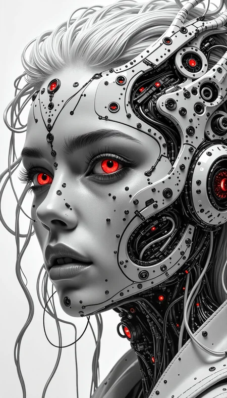 A hyperdetailed, hyperrealistic, moody photorealistic portrait in the style of analog photography, rendered as a surreal monochrome line artwork composed entirely of unbroken, bold, flowing thick lines. The image depicts a close-up of an ethereal African woman with albinism, her luminous pale skin, white flowing hair, and striking red-violet eyes fully visible, seamlessly integrated into the intricate linework. Her busty figure and dynamic hair are accentuated by hypnotic line patterns. Surrounding her are cyborg figures, their faces unmasked, revealing sleek cybernetic implants and glowing circuitry woven into their skin. The lines form an optical illusion, creating cinematic depth in stark black and white, drawing the viewer into a mesmerizing 16K composition. <lora:Elden_Ring_-_Yoshitaka_Amano:0.07> <lora:Movie_Portrait:0.08> <lora:-_Flux1_-_soothing_atmo_V2.0:0.04> <lora:Neurocore_Anime_Cyberpunk_by_ChronoKnight_-_[FLUX]:0.35> <lora:KB_Kentmere400_FLUX:0.05> <lora:Neurocore_Sci-Fi_Cyborg_Portraits_by_ChronoKnight_-_[FLUX]:0.45> <lora:Nina_Caliente-000003:0.05> <lora:FluxProtectorsOfNature:0.25>