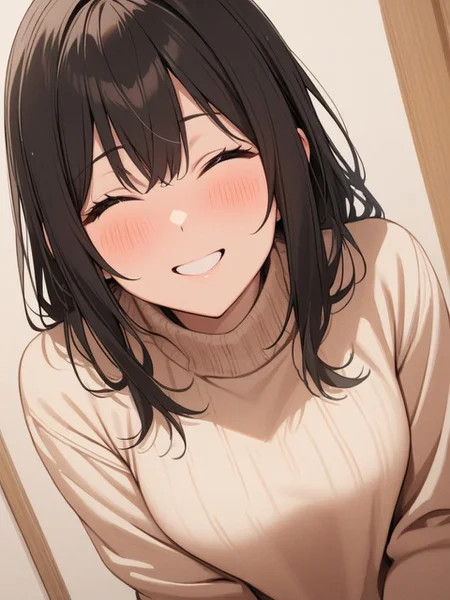 1girl, masterpiece, best quality, very aesthetic, sweater, black hair, top view, smile, happy
