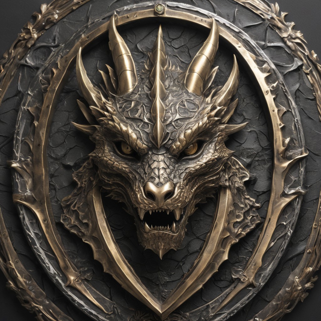 A detailed image of a metal crest featuring a dragon's head in profile with a vertical sword thrust through its skull. The dragon's head is dark bronze, detailed with scales, a prominent brow ridge, and sharp teeth, slightly raised from the base. The sword's blade is polished steel, and the hilt has silver and gold accents. The overall design is bold and three-dimensional, symbolizing strength and valor.
