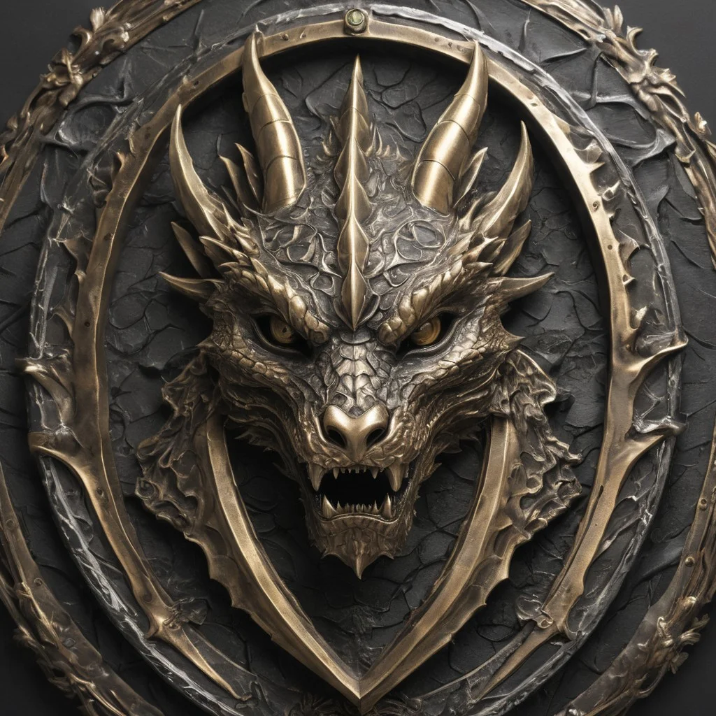 A detailed image of a metal crest featuring a dragon's head in profile with a vertical sword thrust through its skull. The dragon's head is dark bronze, detailed with scales, a prominent brow ridge, and sharp teeth, slightly raised from the base. The sword's blade is polished steel, and the hilt has silver and gold accents. The overall design is bold and three-dimensional, symbolizing strength and valor.