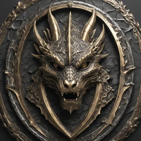 A detailed image of a metal crest featuring a dragon's head in profile with a vertical sword thrust through its skull. The dragon's head is dark bronze, detailed with scales, a prominent brow ridge, and sharp teeth, slightly raised from the base. The sword's blade is polished steel, and the hilt has silver and gold accents. The overall design is bold and three-dimensional, symbolizing strength and valor.