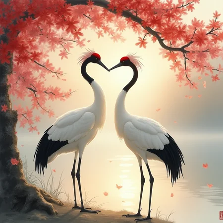 {
"T5": "An awe-inspiring **Japanese ink wash painting**, depicting **two elegant red-crowned cranes standing beneath a majestic red sakura tree, their long necks forming a graceful heart shape as they move in perfect unison.** The petals of the cherry blossoms swirl around them, caught in the soft glow of the rising sun, casting golden-pink hues across the sky.
The cranes, with their **striking white feathers, deep black accents, and brilliant red crowns**, embody a sense of **grace, longevity, and devotion**. Their **slender legs move with precise elegance**, as if performing a sacred dance of love.
The painting captures the moment with **delicate brushwork**, using soft, flowing strokes to depict the misty landscape, giving the scene an almost dreamlike serenity. In the background, a **tranquil lake reflects the silhouette of the sakura branches, shimmering with golden reflections**.
The entire composition exudes **refinement, grace, and poetic romance**, celebrating the timeless beauty of devotion and harmony found in nature.",
"CLIP-L": "red-crowned cranes, Japanese ink wash painting, red sakura, cherry blossoms, poetic romance, elegant composition, tranquil lake, graceful birds, traditional art style, sunrise glow, delicate brushwork, soft misty background, symbolic love"
}