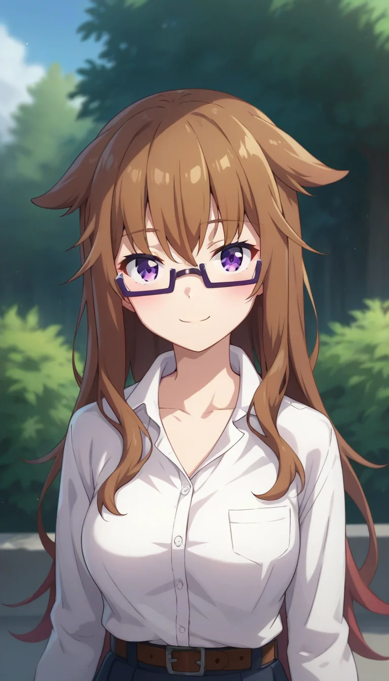 score_9,score_8_up,score_7_up,score_6_up BREAK official art,solo,outdoors,upper body,(portrait:1.5),looking at viewer,facing viewer,smile,blush,Yoshino Feynman,long hair,brown hair,hair flaps,sidelocks,hair between eyes,bangs,purple eyes,semi-rimless eyewear,collarbone,white shirt,collared shirt,dress shirt,long sleeves,medium breasts,shirt tucked in,belt,black pants,loafers,<lora:Yoshino Feynman(rf)-Pony:1.2>,