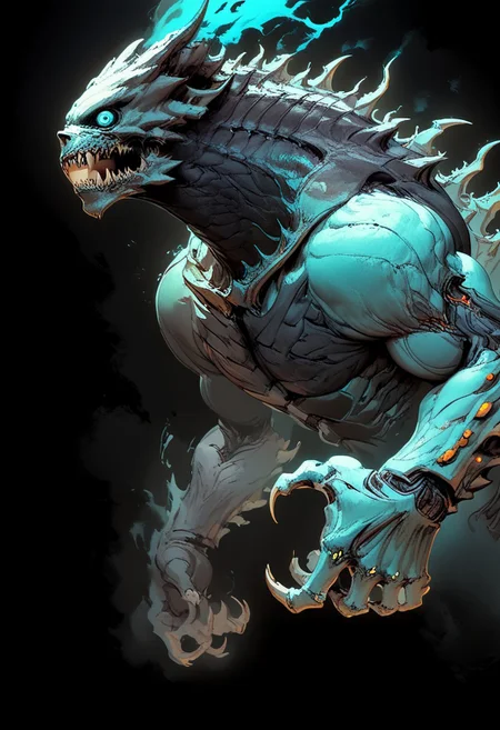 score_9, score_8_up, score_7_up, from side, looking at viewer, kaiju No.8, dorsal spines, glowing cyan, scaled skin, muscular, hunched, sharp claws, fangs, mechanical parts, looking at viewer, electric aura,
dark aura, black background, screaming