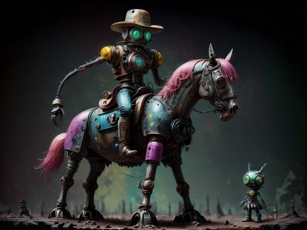 High quality macro photo of a retro cowboy robot, Riding a horse on the prairie, full body, (cowboy hat), hyper realistic, super detailed, Science Fiction, circuits, circuit, transistors, wires, trending on art station, kawaii, <lora:drkkaw-V2_epoch_5:1>