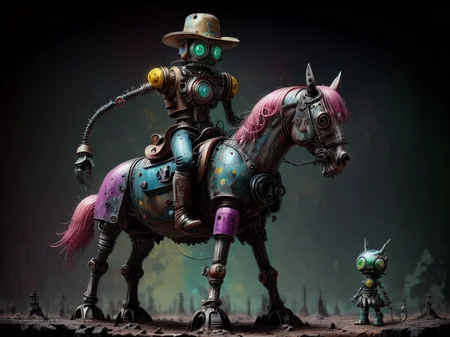 High quality macro photo of a retro cowboy robot, Riding a horse on the prairie, full body, (cowboy hat), hyper realistic, super detailed, Science Fiction, circuits, circuit, transistors, wires, trending on art station, kawaii, <lora:drkkaw-V2_epoch_5:1>