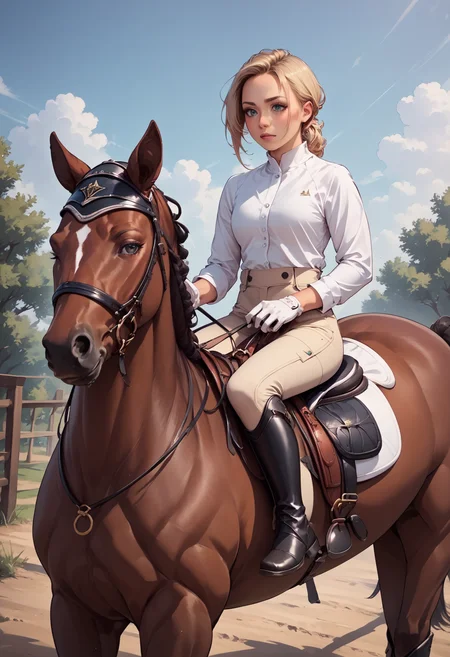 score_9, score_8_up, score_7_up, source_anime
1girl, beige pants , <lora:ridingOutfitPony:1.0>, white gloves, white shirt, boots, long sleeves, riding a horse