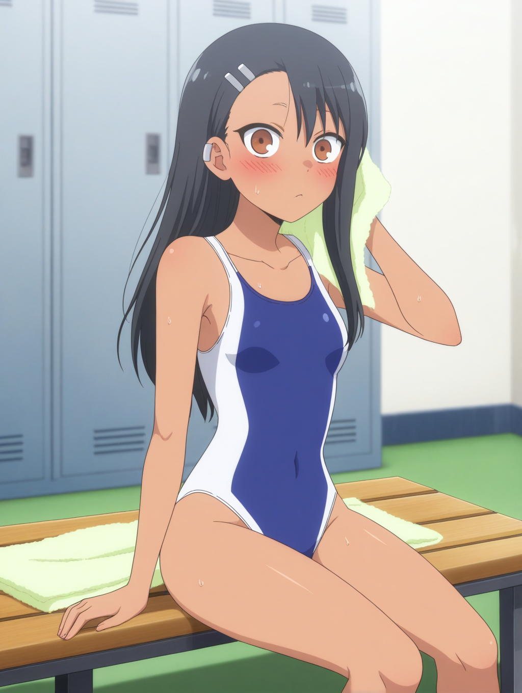 masterpiece, best quality, amazing quality, detailed, anime coloring, <lora:HayaseNaga_LW3:0.8>, HayaseNaga_LW, black hair, nagator_style, long hair, hair ornament, hairclip, brown eyes, dark-skinned female, 1girl, solo, 
swimsuit, towel, breasts, armpits, small breasts, competition swimsuit, locker_room, confused, depth of field, sitting, thighs, looking at viewer, blurry background, blush,